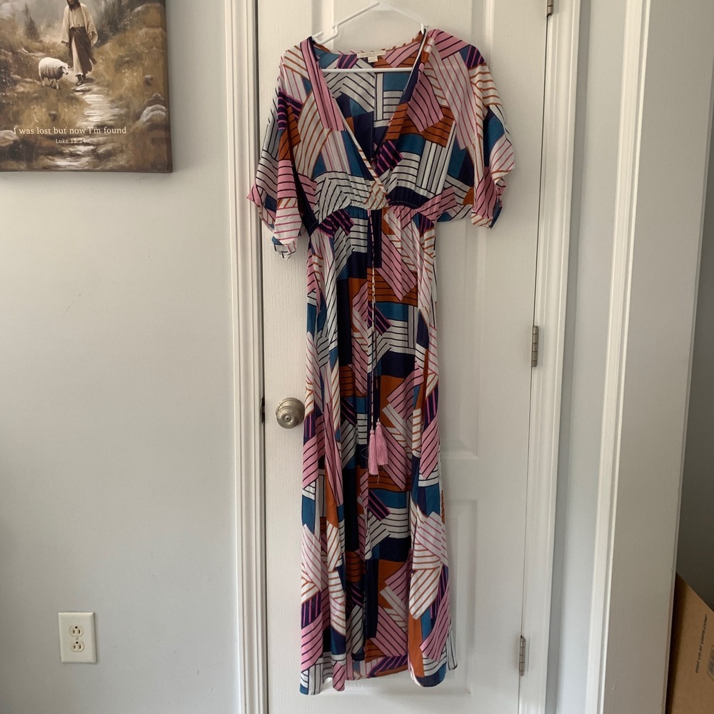 Cooper & Ella Geometric Abstract Print‎ Maxi Dress Pink Navy XXS Tassel Tie